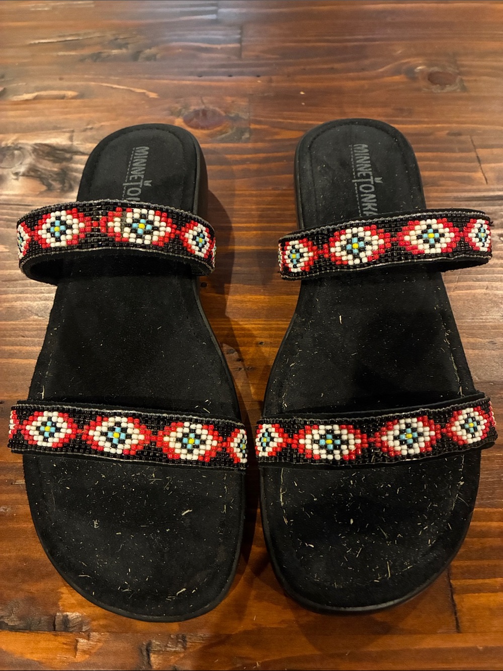 Minnetonka Black Slide Sandals with Multicolor Beaded Straps